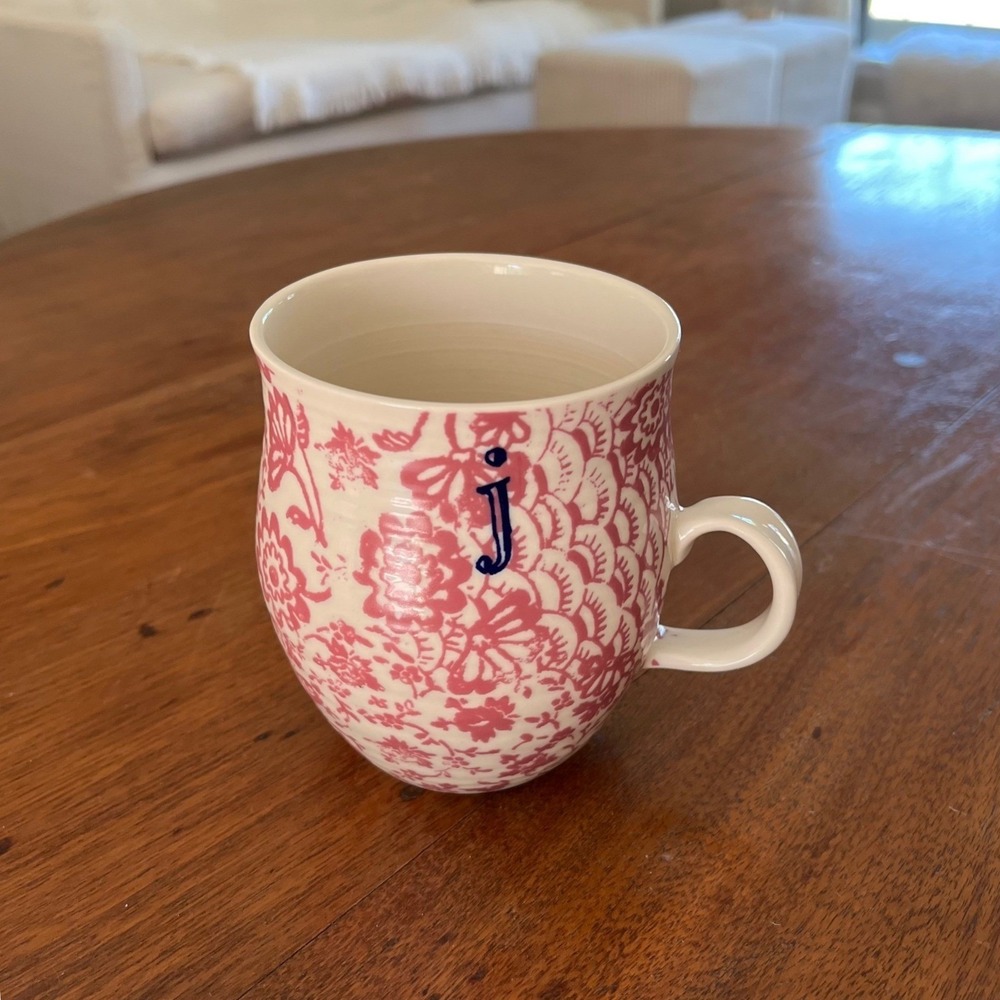 Anthropologie Floral Homegrown Toile Monogram Mug J Pink Floral